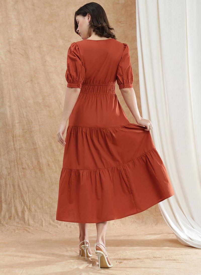 Globus Women Rust Square Neck Puff Sleeves Solid Gathered Tiered Fit & Flare Maxi Dress - Image 4